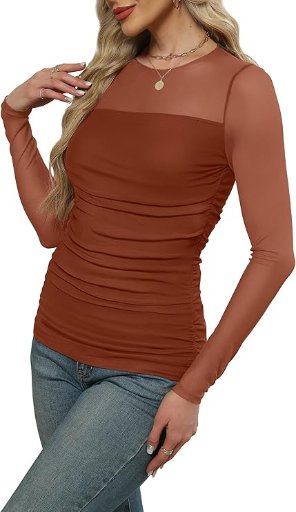 Xieerduo Mesh Sleeve Ruched Tops