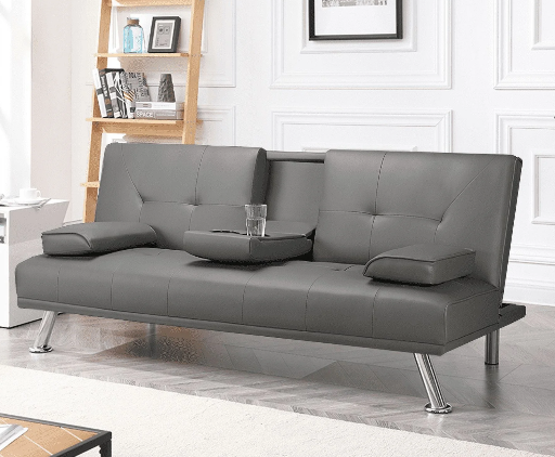 Renwick LuxuryGoods Modern Faux Leather Futon with Cupholders and Pillows, Gray