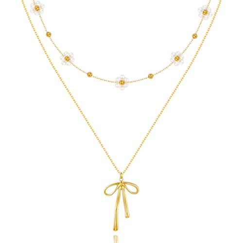 Dainty 18k Gold Plated Layered Bow Daisy Pearl Necklaces Set for Women