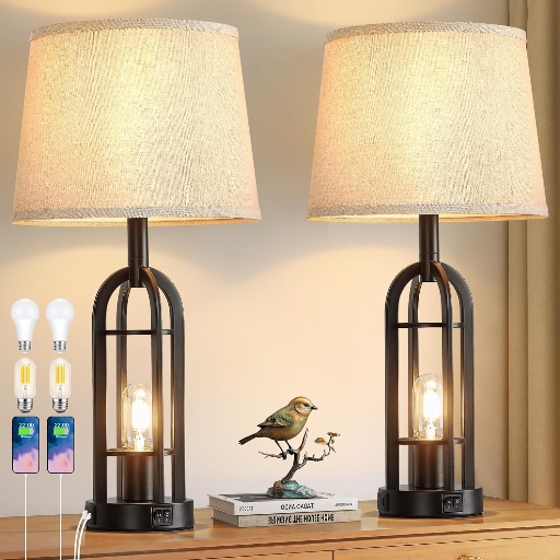 Industrial Table Lamps Set Black with/bulbs - 2 Set 