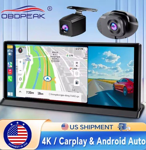 11.3 inch Car DVR 4K Dash Cam Dual Lens Wireless Carplay & Android Auto