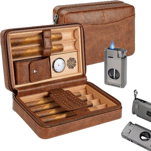 Leather Cedar Wood Cigar Travel Case with Hygrometer & Humidifier