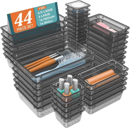 44-Piece Clear Plastic Drawer Organizer Set