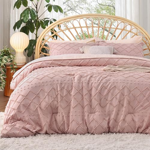 2 PC Bedsure Twin Comforter Set - Coral Pink, Boho Tufted Shabby Chic Bedding