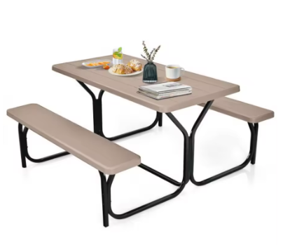 Outdoor Picnic Table Bench Set with Metal Base
