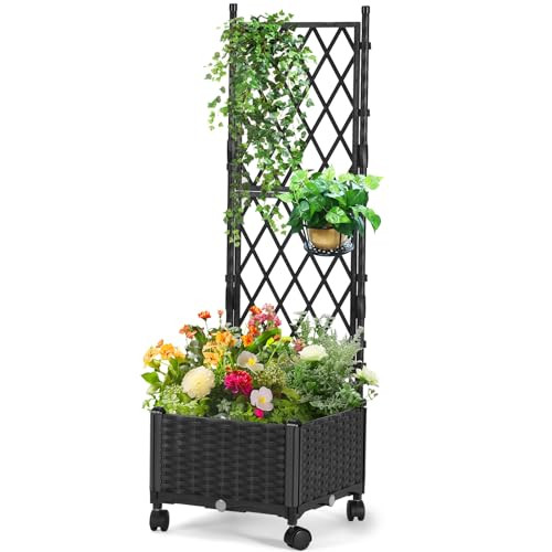 Planter Box with Trellis, 4Ft Tall Self-Watering Plastic Raised Garden Bed