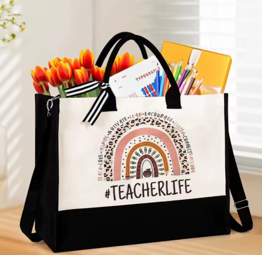 Teacher Life Black White Canvas Tote Bag with Straps  