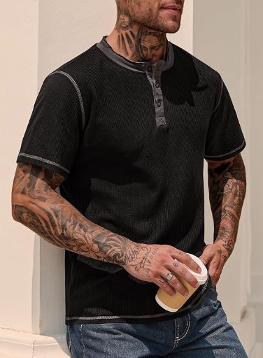 VOGSTART Men's Henley Shirts Short Sleeve Casual Waffle Button T-Shirts