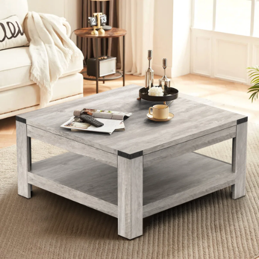Zara Square Manufactured Wood Coffee Table With 2-tier Storage Shelves