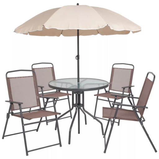 6 Piece Outdoor Table Set with Umbrella and 4 Folding Chairs