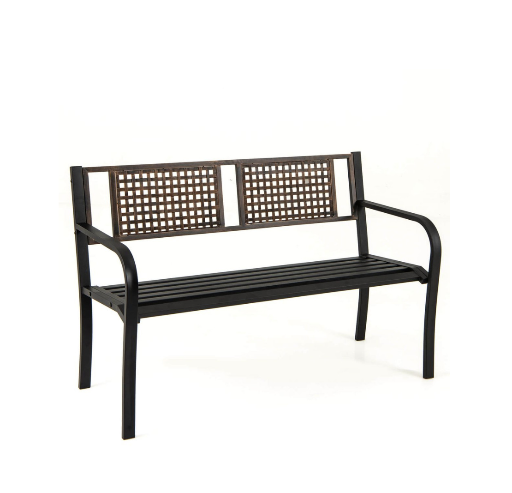 50" Outdoor Metal Park Bench with Rattan-Like Backrest & Curved Armrests