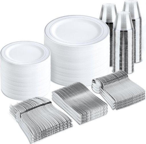 600-Piece Silver Plastic Dinnerware Set