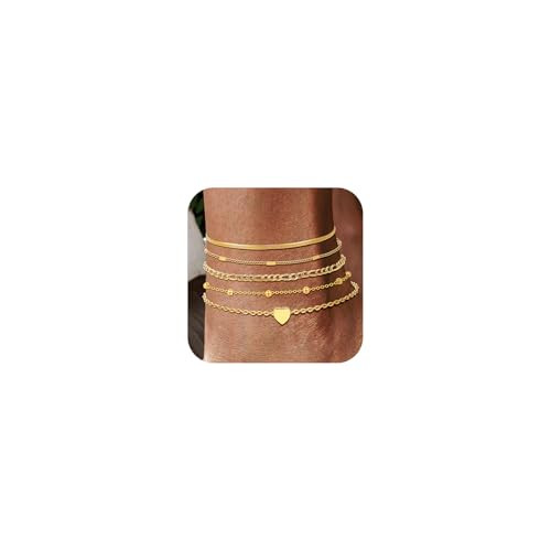 Gold Anklets for Women Waterproof - 18k Gold Plated Ankle Bracelets for Women Cuban Herringbone Figaro Link Chain Anklets Set