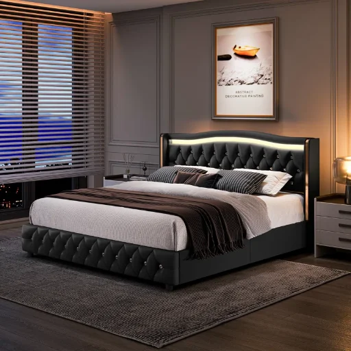 Areyon Vegan Leather Tufted Wingback Storage Bed w/ LED Headboard