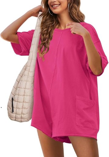 Oversized Shirt Short Sleeve Jumpsuit W/Pockets