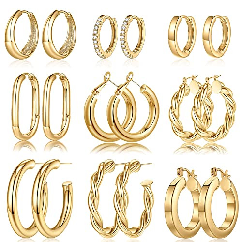 Yesteel Gold Hoop Earrings - 9 Pairs