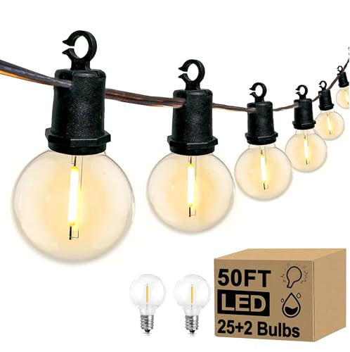 50' Outdoor String Lights, 25 G40 Edison Bulbs + 2 Spare, E12 Socket Base, Shatterproof 2700K Warm White