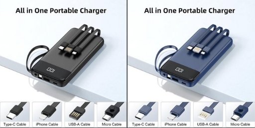 Penaover Portable Charger 10000mAh Power Bank W/Built In Cables