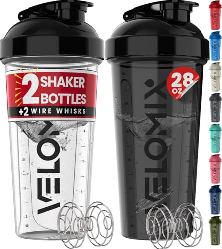 Velomix 2 Pack- 28 oz Protein Shaker Bottles W/2 Wire Whisks