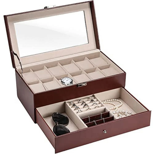 Procase 12 Slots Leather Watch Box with Drawer