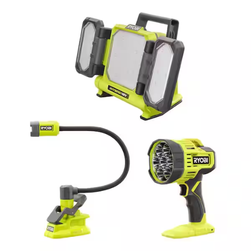 Ryobi ONE+ 18V 3-Tool Lighting Kit with Hybrid Panel Light, Spotlight and Flexible Clamp Light (Tools Only)
