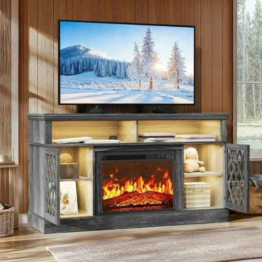 Farmhouse Fireplace TV Stand with Adjustable Storage Shelves & LED