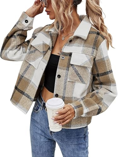 Binshre Womens Cropped Plaid Shacket