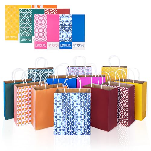Racrico 12 PC Paper Gift Bags with Handles & Stickers