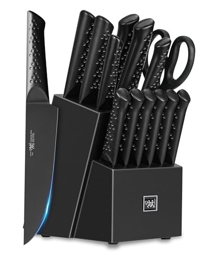 Knife Sets for Kitchen with Block, 15 Piece Knife Set with Built-in Sharpener