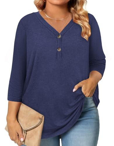 Gloria&Sarah Plus Size 3/4 Length Sleeve V Neck Button Down Shirt