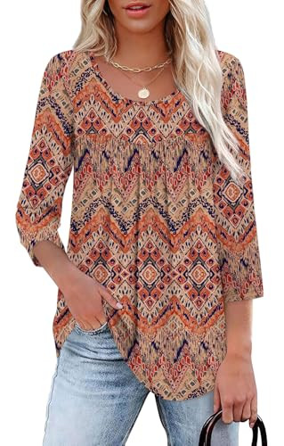 Xieerduo 3/4 Length Sleeve Crew Neck Pleated Blouse