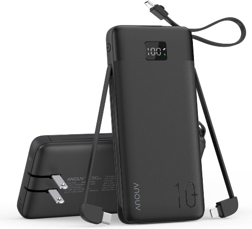 ANOUV Portable Charger with Built-in Cables & AC Wall Plug