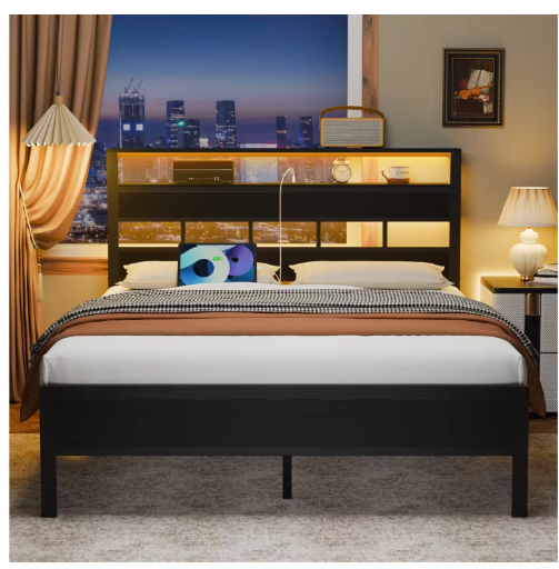 Satifur Full/Queen Size Bed Frame with LED Light and Charging Station