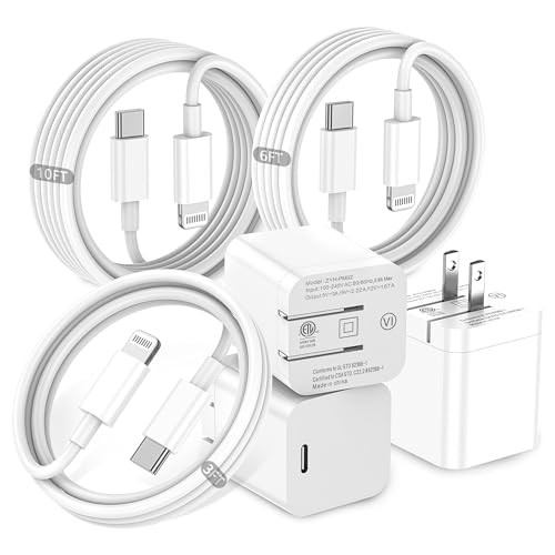MFI Certified USB C Wall Charger Block Foldable Plug W/Lightning Cables (Various Lengths) - 3 Pack