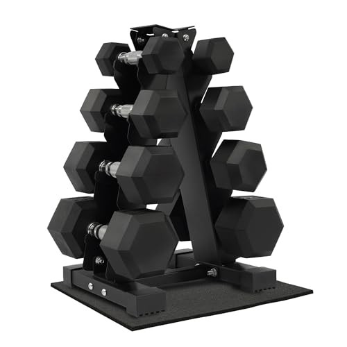 Rubber Coated Hex Dumbbell Weight Set and Storage Rack