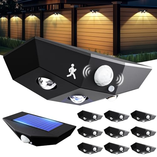 12 Pack Solar Fence Lights, Motion Sensor Outdoor Light with 3 Sided Lighting