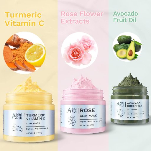 ANAI RUI Turmeric Vitamin C Clay Mask -Rose Facial Mask -Avocado Green Tea Mud Mask Spa Set