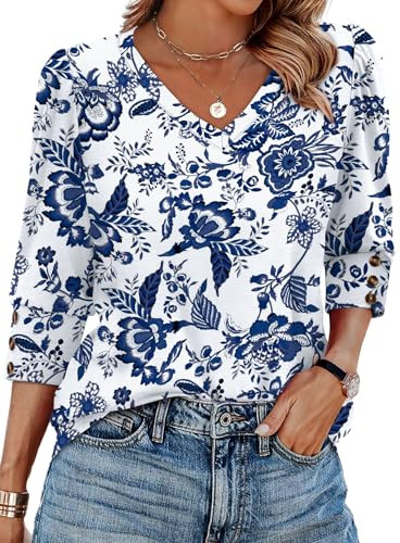Xieerduo 3/4 Sleeve Tops with Buttons V-Neck