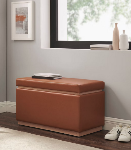 Lucinda 32" Transitional Rectangle Wood & Faux Leather Upholstered Storage Ottoman