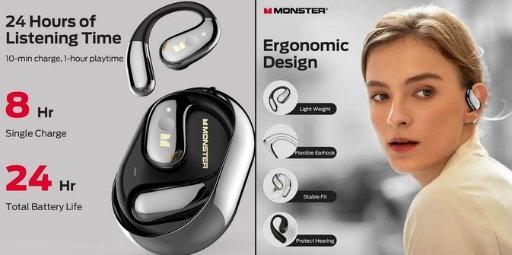 Monster Open Ear Wireless Bluetooth Headphones W/24H Battery Life