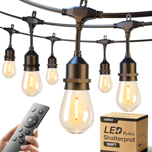 Addlon Heavy-Duty Dimmable 100' LED Outdoor String Lights w/ Remote, Timer & Shatterproof Edison Bulbs