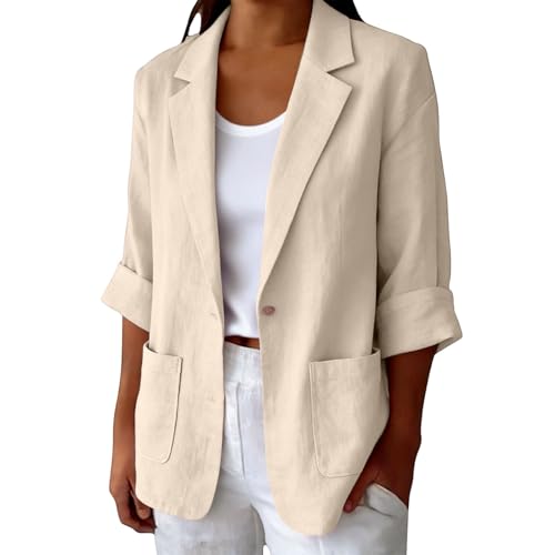 Linen Blazer Notched Lapel 3/4 Roll Sleeve