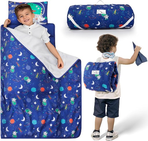 Toddler Nap Mat W/Removable Pillow and Plush Blanket