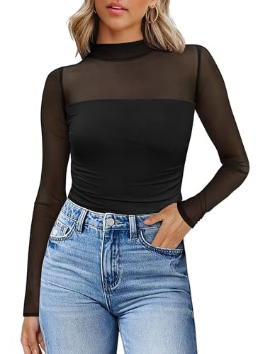 WIHOLL Long Sleeve Mesh Turtle Neck Tops
