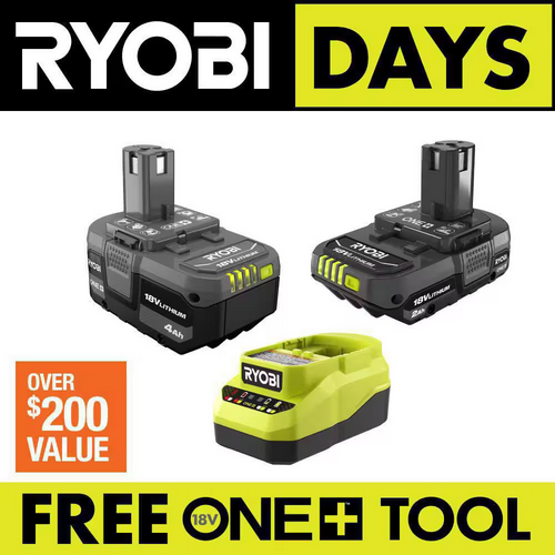 RYOBI ONE+ 18V Starter Kit w/ 2.0Ah & 4.0Ah Battery & Charger + Bonus Tool