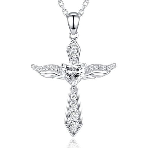 Lovans 925 Sterling Silver Angel Wings Cross Pendant with Cubic Zirconia