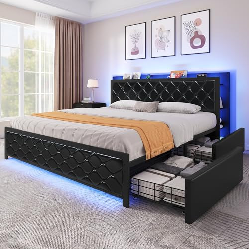 Yitahome Modern Upholstered Platform Bed with RGB LED Lights and Storage