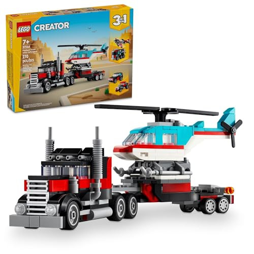 LEGO Creator 3 in 1 Flatbed Truck with Helicopter Toy, 270 Pcs.