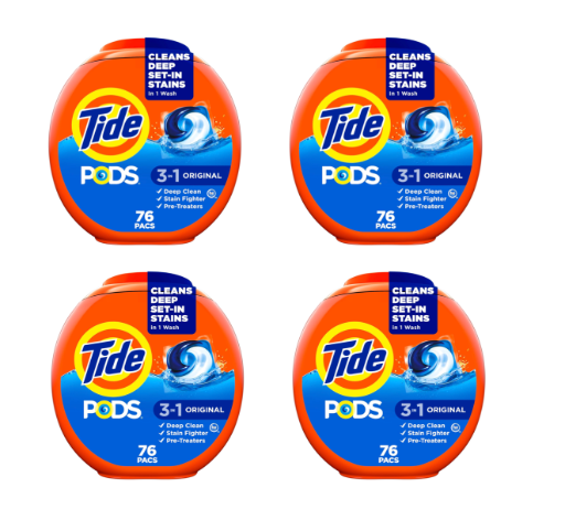 Tide PODS Laundry Detergent Pacs, 3-in-1 Stain Remover, 76 Count, HE compatible