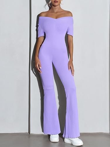 Fisoew Womens One Piece Jumpsuits Casual Short Sleeve V Neck Flare Tummy Control Slit Full Length Romper Playsuit